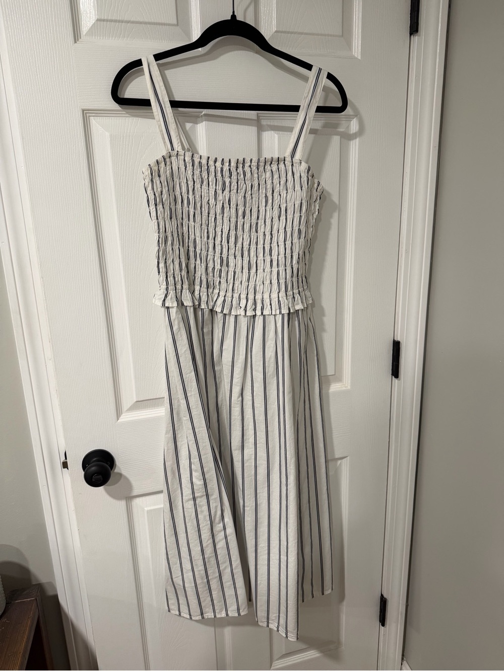 Girls White and Navy Striped Smocked Sundress